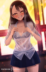 Rule 34 | &gt;:d, blurry, blurry background, blush, bra, breasts, brooch, brown hair, dot nose, ears, evil grin, evil smile, eyebrows, eyelashes, grin, hair ornament, highres, ijiranaide nagatoro-san, indoors, jewelry, kamaniki, lips, long sleeves, nagatoro hayase, patreon username, red eyes, removing shirt, see-through, skirt, sleeves rolled up, small breasts, smile, teeth, thighs, underwear, wet, window