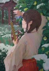 Rule 34 | 1girl, bridge, brown hair, highres, japanese clothes, leaf, looking to the side, looking up, miko, original, river, scenery, sketch, smile, snow, solo, twintails, upper body, xilmo