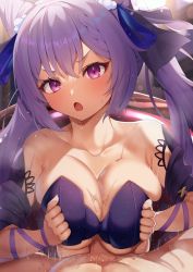 Rule 34 | 1girl, :o, absurdres, bare shoulders, blush, bow, braid, breast hold, breasts squeezed together, breasts, clothed female nude male, collarbone, double bun, genshin impact, hair bun, hair ornament, hairband, highres, keqing (genshin impact), keqing (opulent splendor) (genshin impact), large breasts, looking at viewer, lube, lying, nude, oct18kin, on back, open mouth, paid reward available, paizuri, paizuri under clothes, penis, pov, purple eyes, purple hair, sweat, twintails, underboob, upper body
