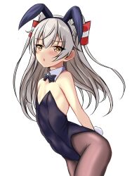 Rule 34 | 1girl, alternate costume, amatsukaze (kancolle), animal ears, black bow, black bowtie, black leotard, black pantyhose, bow, bowtie, brown eyes, detached collar, flat chest, grey hair, hair tubes, highres, kantai collection, leaning forward, leotard, long hair, montemasa, pantyhose, playboy bunny, rabbit ears, rabbit tail, simple background, solo, tail, two side up, white background, wrist cuffs