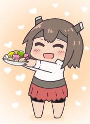 Rule 34 | 1girl, bike shorts, blush, brown hair, closed eyes, food, hair between eyes, headband, headgear, highres, holding, holding plate, kantai collection, macaron, megahiyo, no shoes, open mouth, plate, pleated skirt, short hair, simple background, skirt, solo, taihou (kancolle), aged down