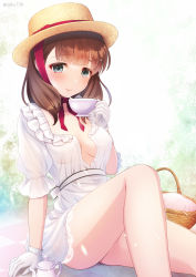 Rule 34 | 1girl, bare legs, basket, blue eyes, blunt bangs, blush, breasts, brown hair, cleavage, closed mouth, commentary request, commission, cup, dress, fedora, feet out of frame, gloves, hat, highres, holding, holding cup, idolmaster, idolmaster cinderella girls, knee up, looking at viewer, no bra, open clothes, open dress, sakuma mayu, see-through, short hair, short sleeves, silky (silky alice), sitting, skeb commission, small breasts, smile, solo, teacup, teapot, twitter username, unbuttoned, white dress, white gloves, yellow hat
