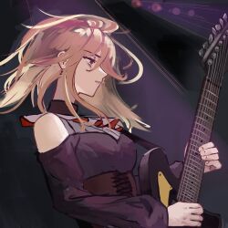 1girl absurdres bang_dream! bang_dream!_it&#039;s_mygo!!!!! black_background black_dress blonde_hair clothing_cutout commentary doloris_(bang_dream!) dress electric_guitar ginkgo_doodles guitar highres instrument long_hair long_sleeves misumi_uika parted_lips playing_guitar purple_eyes shoulder_cutout solo