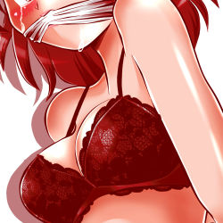 Rule 34 | 1girl, arms behind back, bad id, bad pixiv id, bdsm, blush, bondage, bound, bra, breast focus, breasts, brown hair, c-taro, cleave gag, close-up, cloth gag, gag, gagged, head out of frame, improvised gag, original, red bra, red theme, shiny skin, solo, tears, underwear
