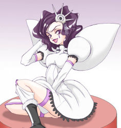 Rule 34 | 00s, 1girl, arrancar, artist request, bleach, boots, cirucci sanderwicci, dress, facial mark, gloves, hair ornament, lipstick, looking at viewer, makeup, open mouth, puffy sleeves, purple eyes, purple hair, purple lips, short twintails, sitting, smile, solo, teardrop tattoo, thigh strap, thighs, twintails, wavy hair, white dress, white gloves, wings
