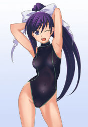 Rule 34 | 1girl, armpits, competition swimsuit, e20, hair ribbon, highleg, highleg swimsuit, long hair, one-piece swimsuit, one eye closed, ponytail, quiz magic academy, ribbon, single vertical stripe, solo, swimsuit, wink, yuri (quiz magic academy)