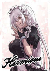 1girl absurdres azur_lane braid breasts chain character_name closed_mouth dress frilled_dress frills from_side hermione_(azur_lane) highres large_breasts long_hair looking_at_viewer maid maid_headdress oriue_wato short_sleeves sketch smile solo very_long_hair white_hair yellow_eyes