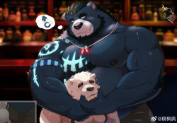 Rule 34 | 2boys, absurdres, artist request, bar (place), bara, bear boy, beard, belly, black hair, blue fur, blush, bulge, bulge to ass, couple, drunk, dry humping, erection, erection under clothes, eyebrow cut, facial hair, foreplay, forked eyebrows, furry, furry male, furry with furry, glowing, glowing eyes, glowing tattoo, goatee, head grab, highres, humping, interlocked mars symbols, large pectorals, male focus, mars symbol, mature male, multiple boys, muscular, muscular male, nipples, original, pectorals, short hair, smirk, spoken mars symbol, thick eyebrows, torogao, tusks, veins, veiny arms, white fur, yaoi
