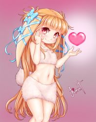 Rule 34 | 1girl, animal ears, artist name, bandeau, bare shoulders, blonde hair, blue bow, blue ribbon, blunt bangs, blush, bow, closed mouth, collarbone, female focus, flat chest, gradient background, groin, hands up, happy, heart, kionant, long hair, looking at viewer, midriff, miniskirt, navel, original, pink background, rabbit ears, rabbit tail, red eyes, ribbon, signature, simple background, skirt, smile, solo, standing, star (symbol), star in eye, stomach, symbol in eye, tail, very long hair, white skirt