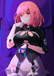 Rule 34 | 1girl, absurdres, black leotard, blush, bob cut, breasts, couch, from above, gloves, grey eyes, highres, honkai (series), honkai impact 3rd, large breasts, leotard, looking at viewer, lying, mask, mouth mask, nonbire, on back, pillow, pink hair, short sleeves, single glove, solo, timido cute, white gloves, white legwear