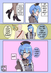 Rule 34 | 2boys, axe, blue background, blue eyes, blue hair, braid, cosplay, crossdressing, detached sleeves, english text, glasses, highres, holding, holding weapon, hololive, hoshimachi suisei, jaheterbang, maid, multiple boys, pink background, side braid, speech bubble, virtual youtuber, weapon