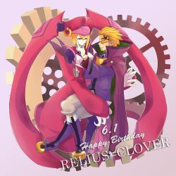Rule 34 | 1boy, 1girl, android, arc system works, birthday, blazblue, blonde hair, blue eyes, boots, breasts, cape, carrying, colored skin, couple, facial hair, gears, gloves, grabbing another&#039;s chin, hand on another&#039;s chin, happy birthday, hat, high collar, highres, ignis (blazblue), mask, pink hat, purple footwear, relius clover, robot ears, short hair, stubble, white skin, younomine