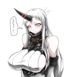 Rule 34 | abyssal ship, bare shoulders, blush, breasts, colored skin, dress, eyelashes, giyouza, horns, kantai collection, large breasts, long hair, looking at viewer, pale skin, red eyes, seaport princess, shy, sideboob, simple background, single horn, solo, sweater, sweater dress, wavy mouth, white hair, white skin