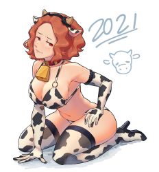 Rule 34 | 2021, animal print, barley juice, bell, bikini, boots, bra, breasts, brown hair, chinese zodiac, cleavage, collar, cow horns, cow print, cowbell, curly hair, elbow gloves, gloves, high heel boots, high heels, highres, horns, image sample, large breasts, neck bell, new year, okumura haru, panties, persona, persona 5, seiza, sideboob, sitting, smug, swimsuit, thighhighs, thighs, twitter sample, underwear, year of the ox