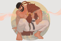 Rule 34 | 1boy, bara, barefoot, beard, cherry blossoms, dougi, falling petals, from side, full beard, headband, large pectorals, looking back, looking down, male focus, mature male, midriff sarashi, muscular, muscular male, nipples, official alternate costume, original, paid reward available, pectorals, petals, profile, red headband, ryu (street fighter), sarashi, sash, solo, spread legs, squatting, street fighter, street fighter 6, thick beard, thick eyebrows, thick mustache, thick thighs, thighs, topless male, v-shaped eyebrows, villanuevo