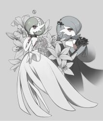 Rule 34 | alternate color, bouquet, closed mouth, colored skin, commentary, creatures (company), eyelashes, flower, game freak, gardevoir, gen 3 pokemon, green hair, grey background, hairband, hand up, highres, holding, holding bouquet, looking at viewer, mega gardevoir, mega pokemon, nintendo, pokemon, pokemon (creature), rcs 4, shiny pokemon, smile, symbol-only commentary, white skin