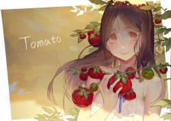 Rule 34 | 1girl, bad id, bad pixiv id, bare shoulders, brown eyes, brown hair, closed mouth, commentary, dress, english commentary, highres, holding, kuroduki (pieat), long hair, looking at viewer, original, parted bangs, smile, solo, tareme, tomato, upper body, white dress