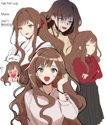 Rule 34 | 1girl, angry, blush, bracelet, brown eyes, brown hair, character request, copyright request, dal-gi, highres, jewelry, long hair, looking at viewer, multiple views, necklace, open mouth, pleated skirt, ponytail, red sweater, skirt, smile, solo, sweater, teeth, upper body, upper teeth only