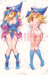 Rule 34 | 1girl, absurdres, ass, bad id, bad pixiv id, bare shoulders, bed sheet, bitseon, blonde hair, blue dress, blush, blush stickers, boots, bra, breasts, butt crack, capelet, cleavage, closed mouth, collar, commentary request, dakimakura (medium), dark magician girl, dress, duel monster, fingernails, full body, green eyes, hat, highres, knee boots, long hair, looking at viewer, looking back, lying, medium breasts, on back, on stomach, open mouth, panties, pelvic curtain, pentacle, pink capelet, sample watermark, sampler, shiny skin, sideboob, simple background, skirt, smile, socks, thighs, underwear, vambraces, watermark, yu-gi-oh!, yu-gi-oh! duel monsters