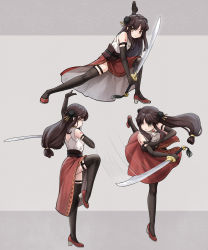 Rule 34 | 1girl, absurdres, bare shoulders, black hair, black thighhighs, brown eyes, chinese clothes, grey background, high heels, highres, holding, holding sword, holding weapon, long hair, multiple views, original, red footwear, red skirt, shirt, shoes, skirt, sleeveless, sleeveless shirt, speed lines, standing, standing on one leg, sword, thighhighs, v-shaped eyebrows, very long hair, weapon, white ph, white shirt