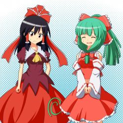 Rule 34 | 2girls, :&lt;, ^ ^, alternate costume, ascot, black hair, bow, breasts, cato (monocatienus), color connection, cosplay, costume switch, detached sleeves, closed eyes, frilled skirt, frills, front ponytail, frown, green hair, hair bow, hair ribbon, hair tubes, hakurei reimu, hakurei reimu (cosplay), halftone, halftone background, kagiyama hina, kagiyama hina (cosplay), medium breasts, multiple girls, navel, open mouth, puffy short sleeves, puffy sleeves, red eyes, ribbon, short sleeves, skirt, small breasts, sweatdrop, touhou, v arms
