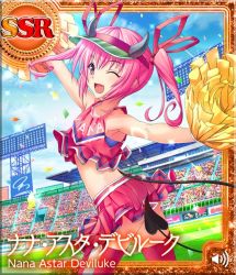 Rule 34 | 1girl, ;d, armpits, censored, character name, cheerleader, confetti, convenient censoring, demon tail, fang, long hair, midriff, nana asta deviluke, official art, one eye closed, open mouth, pink eyes, pink hair, pom pom (cheerleading), sleeveless, smile, solo, stadium, tail, thighhighs, to love-ru, to love-ru darkness: idol revolution, twintails, wind, wind lift, wink, yabuki kentarou