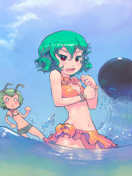 Rule 34 | 2girls, antennae, ball, bikini, bracelet, breasts, cleavage, day, face, fang, female focus, gradient background, green hair, jewelry, kazami yuuka, medium breasts, multiple girls, o o, ocean, outdoors, red eyes, short hair, sky, small breasts, striped bikini, striped clothes, swimsuit, touhou, wading, water, wriggle nightbug, yst