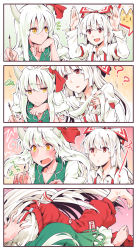 Rule 34 | 4koma, ?, barefoot, blush, bow, collarbone, comic, commentary request, dress, ex-keine, fujiwara no mokou, green dress, green hair, hair bow, highres, horn ornament, horn ribbon, horns, kamishirasawa keine, kitsune maru, long hair, long sleeves, notice lines, open mouth, partial commentary, red eyes, ribbon, short sleeves, silent comic, squiggle, suspenders, sweatdrop, touhou, white hair, yellow eyes