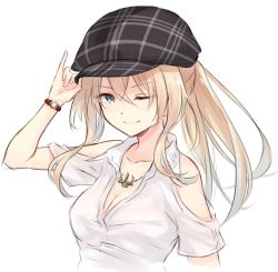 Rule 34 | 10s, 1girl, alternate costume, anchor, anchor symbol, azuuru (azure0608), bare shoulders, bismarck (kancolle), blonde hair, blue eyes, breasts, casual, cleavage, collarbone, collared shirt, commentary request, floating hair, hat tip, highres, jewelry, kantai collection, long hair, looking at viewer, medium breasts, necklace, no bra, one eye closed, shirt, smile, solo, upper body, watch, white shirt, wristwatch