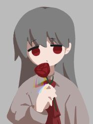 Rule 34 | 1girl, ascot, brown hair, closed mouth, expressionless, flat color, flower, grey background, grey shirt, highres, holding, holding flower, ib (ib), ib (kouri), long hair, looking to the side, muku (d4uydnvxygxewu3), red ascot, red eyes, red flower, red rose, rose, shirt, solo