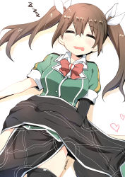 Rule 34 | 10s, 2girls, absurdres, artist name, black gloves, black legwear, breasts, brown hair, buttons, chikuma (kancolle), drooling, elbow gloves, closed eyes, gloves, hair between eyes, hair ribbon, heart, highres, kantai collection, long hair, lying, medium breasts, multiple girls, on back, open mouth, out of frame, pelvic curtain, remodel (kantai collection), ribbon, ryuki (ryukisukune), seiza, short sleeves, single elbow glove, single glove, single thighhigh, sitting, sleeping, thighhighs, tone (kancolle), twintails, zzz