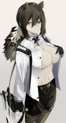 Rule 34 | 1girl, absurdres, animal ears, areola slip, arknights, bag, black gloves, black shorts, breasts, brown hair, cleavage, closed mouth, collared shirt, commentary, cowboy shot, cross tie, dagger, ear piercing, expressionless, freckles, gloves, gradient background, grey background, hair between eyes, highres, knife, kyousuzu, large breasts, long hair, looking at viewer, multicolored hair, navel, no bra, open clothes, open shirt, pale skin, pantyhose, piercing, polka dot, polka dot shirt, ponytail, raccoon ears, raccoon girl, ringed eyes, robin (arknights), shirt, shorts, shoulder bag, simple background, solo, stomach, streaked hair, two-tone hair, unbuttoned, weapon, white hair, white shirt, wing collar, yellow eyes