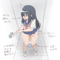 Rule 34 | 1girl, angry, bathroom, blue panties, blue skirt, blush, breasts, collarbone, from above, grey eyes, looking to the side, neckerchief, panties, panty pull, peeing, red neckerchief, school uniform, shirt, shoes, short sleeves, sitting, skirt, small breasts, sneakers, socks, toilet, toilet paper, toilet use, underwear, white footwear, white legwear, white shirt