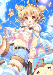 Rule 34 | 10s, 1girl, :d, ahoge, alternate breast size, andira (granblue fantasy), animal, animal ears, blonde hair, blue ribbon, blush, bow, bow panties, breasts, cherry blossoms, cleavage, cleavage cutout, clothing cutout, cloud, cloudy sky, day, diamond (shape), earrings, erune, fur, granblue fantasy, hairband, holding, hood, hoodie, jewelry, lens flare, light particles, long sleeves, monkey, monkey ears, monkey girl, monkey tail, navel, open fly, open mouth, ozawa yuu, panties, petals, red eyes, ribbon, short hair, sky, small breasts, smile, solo, striped clothes, striped thighhighs, sun, tail, thighhighs, two side up, underwear, unfastened, white panties, zettai ryouiki