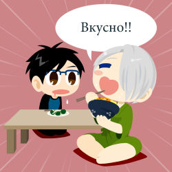 Rule 34 | 2boys, blue-framed eyewear, blush stickers, bowl, broccoli, brown eyes, brown hair, chopsticks, drooling, closed eyes, food, food on face, glasses, hair over one eye, heart-shaped mouth, highres, indian style, jinbei (clothes), kaorin minogue, katsudon (food), katsuki yuuri, male focus, multiple boys, open mouth, plate, rice, rice on face, russian text, seiza, silver hair, sitting, smile, table, viktor nikiforov, yuri!!! on ice