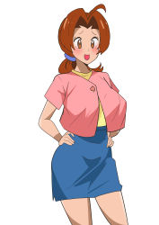 Rule 34 | 1girl, absurdres, alternate breast size, antenna hair, blush, breasts, brmd, brown eyes, brown hair, creatures (company), curvy, delia ketchum, game freak, highres, large breasts, long hair, looking away, nintendo, open mouth, pokemon, pokemon (anime), pokemon (classic anime), ponytail, shiny skin, simple background, skirt, smile