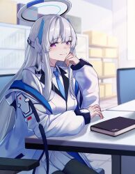Rule 34 | 1girl, 3 small spiders, blue archive, blue necktie, blunt bangs, book, formal, grey hair, halo, hand on own cheek, hand on own face, headphones, highres, jacket, jacket partially removed, long hair, looking at viewer, mechanical halo, necktie, noa (blue archive), purple eyes, sitting, skirt, smile, star sticker, suit, two-sided fabric, two-sided jacket, white jacket, white skirt, white suit