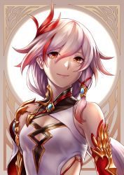 Rule 34 | 1girl, bare shoulders, breasts, china dress, chinese clothes, cleavage, closed mouth, dress, elbow gloves, fu hua, fu hua (phoenix), gloves, hair between eyes, hair ornament, honkai (series), honkai impact 3rd, looking back, ponytail, red eyes, red gloves, shinachiku (uno0101), sleeveless, sleeveless dress, small breasts, smile, solo, white dress, white hair
