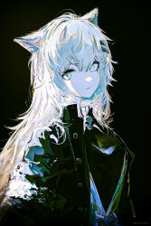 Rule 34 | 1girl, animal ears, arknights, black background, black coat, chiaroscuro, coat, commentary request, from side, green eyes, grey hair, hair between eyes, hair ornament, hairclip, highres, lappland (arknights), lappland (refined horrormare) (arknights), long hair, long sleeves, looking at viewer, messy hair, official alternate costume, open clothes, open coat, runamonet, scar, scar across eye, sidelocks, skull, solo, tenebrism, upper body, vest, white vest, wolf ears, wolf girl