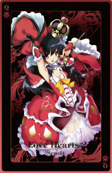 Rule 34 | 1girl, adapted costume, album cover, alternate costume, arm up, armpits, black hair, bow, card (medium), cover, crown, detached sleeves, dress, female focus, hair bow, hakurei reimu, japanese clothes, long hair, miko, queen, red eyes, scepter, see-through, solo, touhou, usatsuka eiji, wand