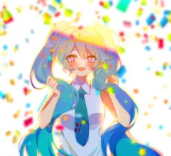 Rule 34 | 1girl, :d, artist name, backlighting, bare arms, bare shoulders, blue eyes, blue hair, blue necktie, blurry, blurry background, blush, breasts, collared shirt, colorful, commentary, confetti, curly hair, depth of field, english commentary, eyelashes, hair between eyes, hands up, happy, hatsune miku, heart, heart-shaped pupils, highres, holding, holding hair, long hair, looking at viewer, medium breasts, mixed-language commentary, necktie, open mouth, savi (byakushimc), shaded face, shirt, sidelocks, simple background, sleeveless, sleeveless shirt, smile, solo, sparkle, sparkling eyes, sunlight, symbol-shaped pupils, tareme, teeth, twintails, upper body, upper teeth only, very long hair, vocaloid, white background, white shirt