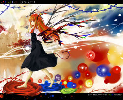 Rule 34 | 1girl, barefoot, black dress, dress, embodiment of scarlet devil, female focus, from side, full body, koakuma, letterboxed, long hair, looking afar, marble (toy), red eyes, red hair, solo, standing, surreal, tomasu, touhou, tsurukame, very long hair, walking