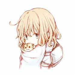 Rule 34 | 1girl, animal, blonde hair, blue eyes, cat, covering own mouth, koneko mari, long hair, looking at viewer, original, profile, scarf, simple background, solo, white background