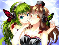 Rule 34 | 2girls, aqua eyes, blue eyes, blush, brown hair, camisole, cheek-to-cheek, chobipero, female focus, from behind, green hair, hand on another&#039;s face, heads together, imminent kiss, long hair, multiple girls, naughty face, orange eyes, original, shy, smile, strap slip, tagme, yuri