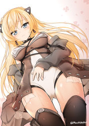 Rule 34 | 1girl, black thighhighs, blonde hair, blue eyes, blush, braid, breasts, closed mouth, crown braid, detached sleeves, dutch angle, floral background, from below, girls&#039; frontline, headgear, k5 (girls&#039; frontline), leotard, long hair, looking at viewer, looking down, macchiato (jae-min cho), medium breasts, solo, thighhighs, thighs, tsurime, twitter username, white leotard