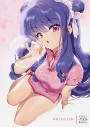 Rule 34 | 1girl, :o, arm support, bluethebone, breasts, bubble, blowing bubbles, china dress, chinese clothes, double bun, dress, from above, hair bun, long hair, looking at viewer, pink dress, pinup (style), purple hair, ranma 1/2, red eyes, shampoo (ranma 1/2), short dress, sitting, solo