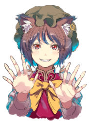 Rule 34 | 1girl, animal ears, bad id, bad pixiv id, brown hair, cat ears, cat tail, chen, clenched teeth, daiji pt, earrings, grin, hat, jewelry, open hands, short hair, simple background, smile, solo, tail, teeth, touhou, white background