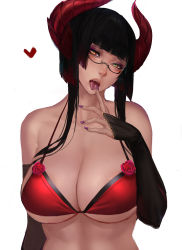 Rule 34 | 1girl, bikini, bikini top only, black hair, breasts, bridal gauntlets, cleavage, eliza (tekken), fangs, finger to mouth, glasses, gtunver, head tilt, heart, highres, horns, large breasts, looking at viewer, multicolored hair, nail polish, naughty face, open mouth, purple nails, red bikini, red eyes, semi-rimless eyewear, simple background, slit pupils, solo, swimsuit, tekken, tekken 7, tongue, tongue out, two-tone hair, upper body, white background