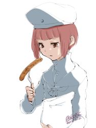 Rule 34 | 10s, 1girl, 2015, 4suke, brown eyes, chef, dated, eating, food, fork, hat, kantai collection, open mouth, red hair, sailor collar, sailor hat, sausage, short hair, simple background, solo, twitter username, white hat, z3 max schultz (kancolle)