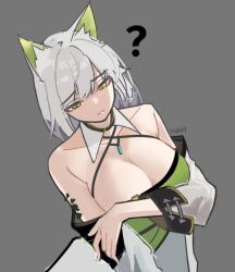 Rule 34 | 1girl, ?, animal ear fluff, animal ears, arknights, artist name, bare shoulders, breasts, cat ears, cleavage, closed mouth, commentary, english commentary, expressionless, green eyes, grey background, grey hair, kal&#039;tsit (arknights), large breasts, material growth, medium hair, nuggetkouhai, oripathy lesion (arknights), simple background, solo, upper body